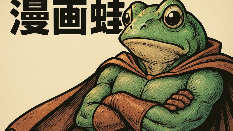 漫画蛙原创漫画主视觉，青蛙角色站在手绘分镜世界中